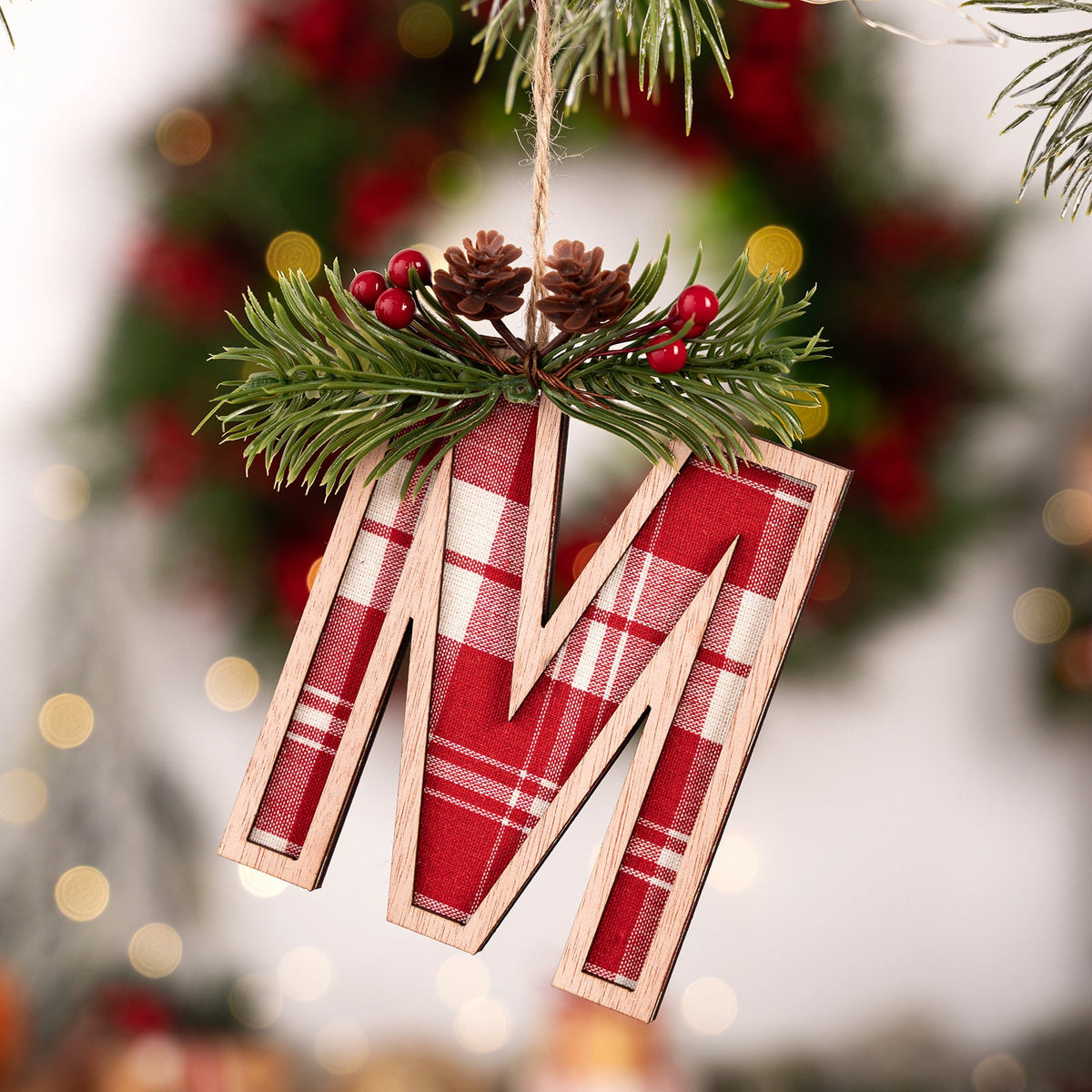 Plaid Letter Christmas Ornament - Rustic Wood Tree Decor