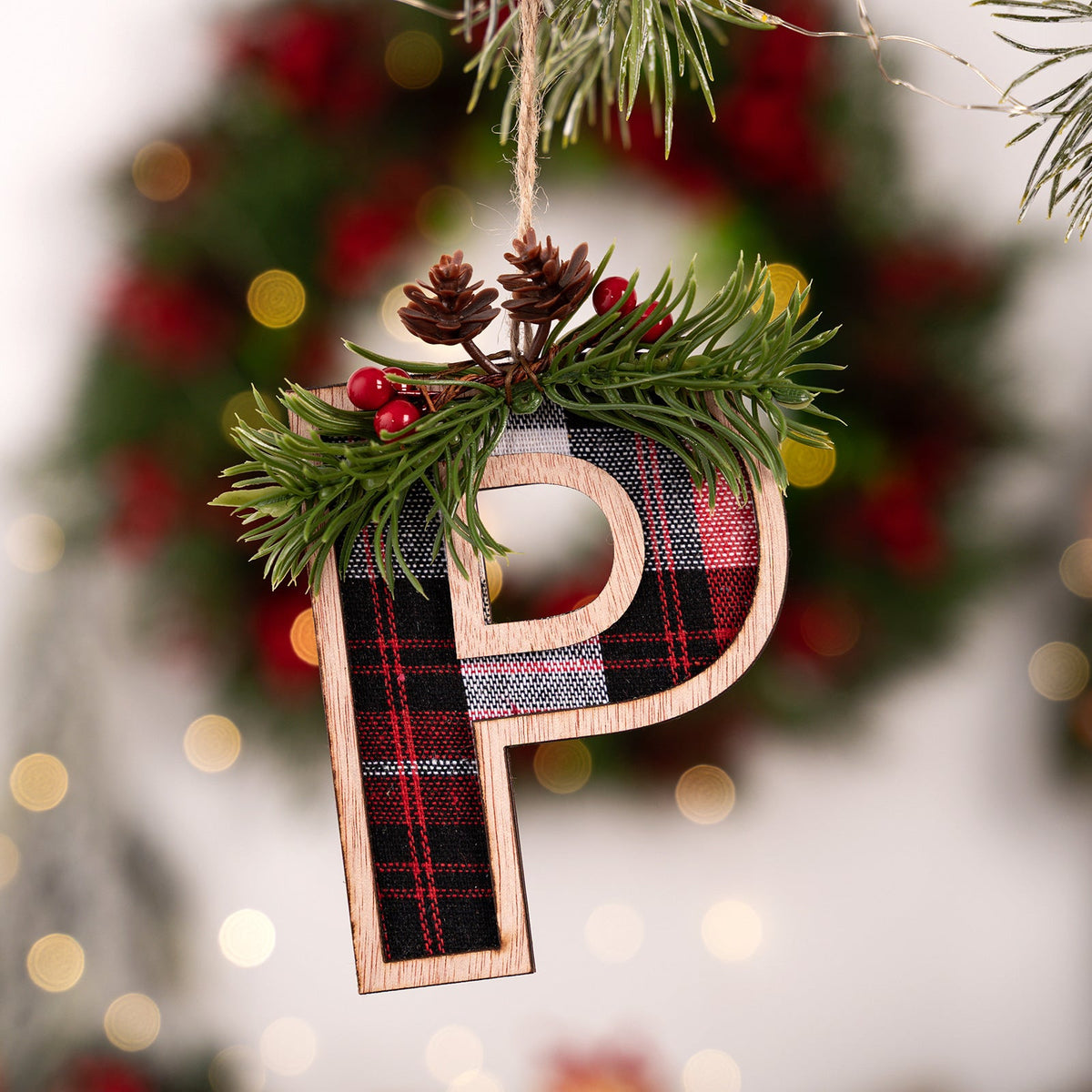 Plaid Letter Christmas Ornament - Rustic Wood Tree Decor