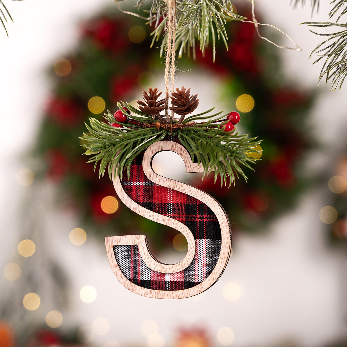 Plaid Letter Christmas Ornament - Rustic Wood Tree Decor
