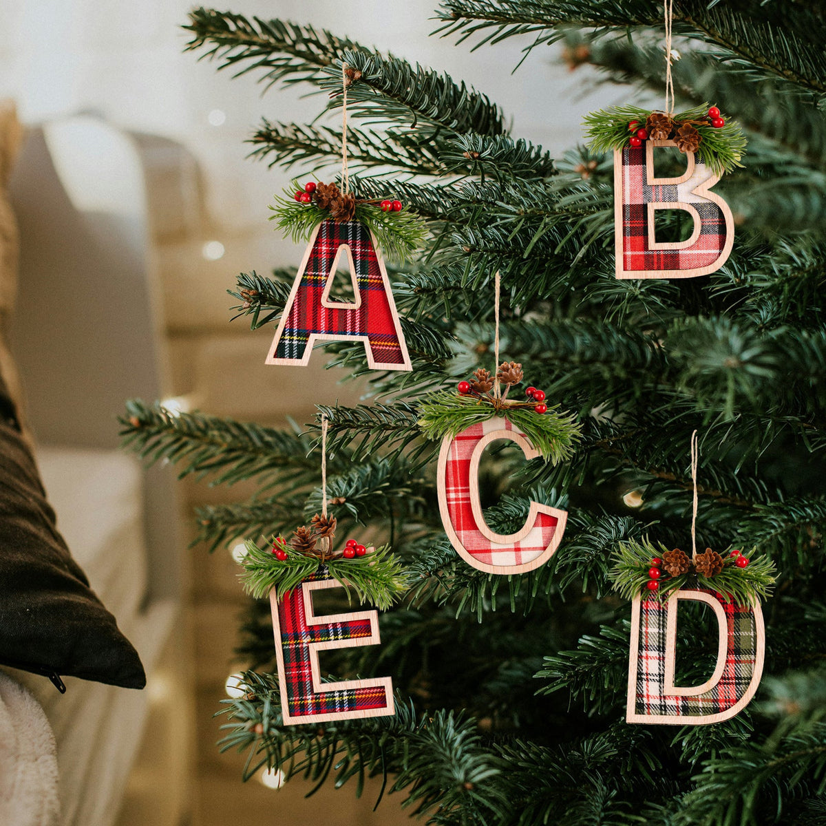 Plaid Letter Christmas Ornament - Rustic Wood Tree Decor