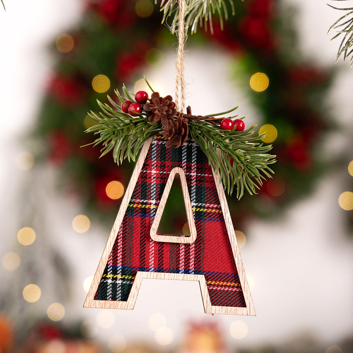 Plaid Letter Christmas Ornament - Rustic Wood Tree Decor