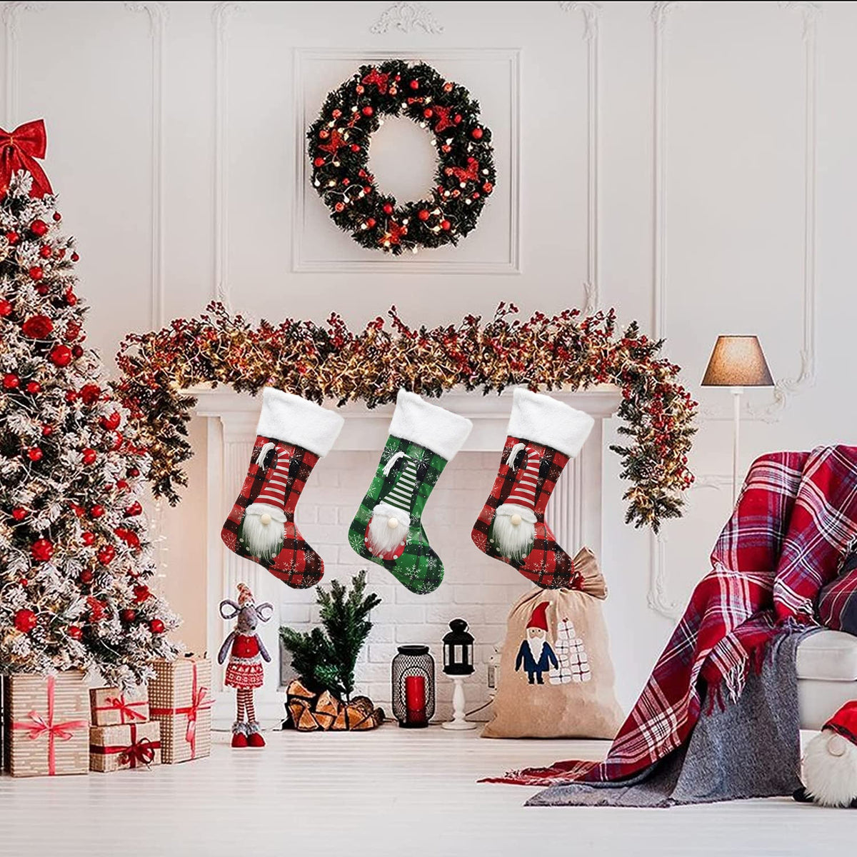 Christmas Stockings, Large Roomy 3D Gnome Mantel Decor