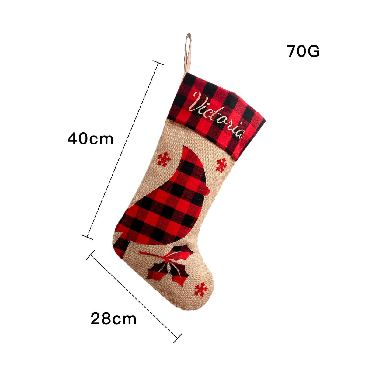 Large Christmas Stocking With Rustic Embroidered Design