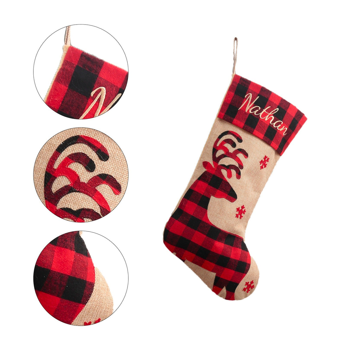 Large Christmas Stocking With Rustic Embroidered Design
