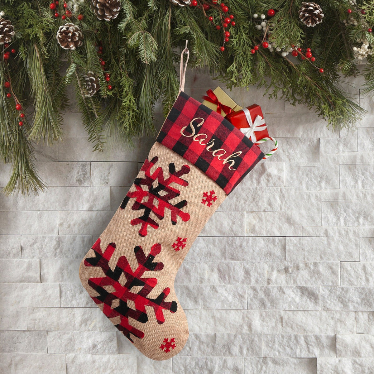 Large Christmas Stocking With Rustic Embroidered Design