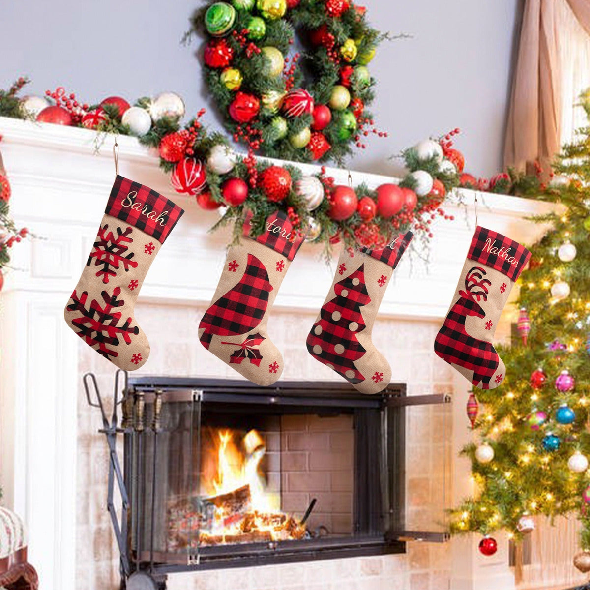 Large Christmas Stocking With Rustic Embroidered Design