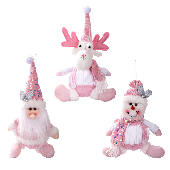 Pink Plush Christmas Ornaments Set of 3, Glitter Decor