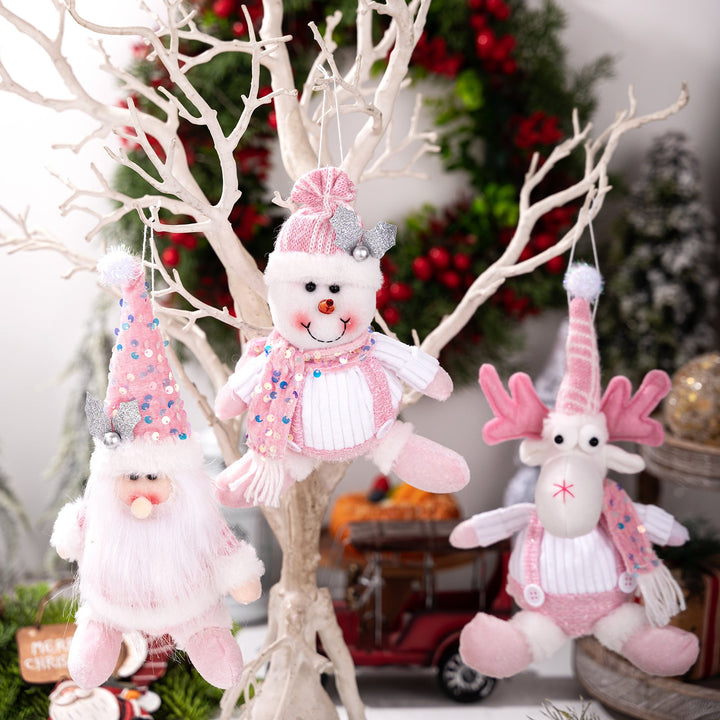 Pink Plush Christmas Ornaments Set of 3, Glitter Decor