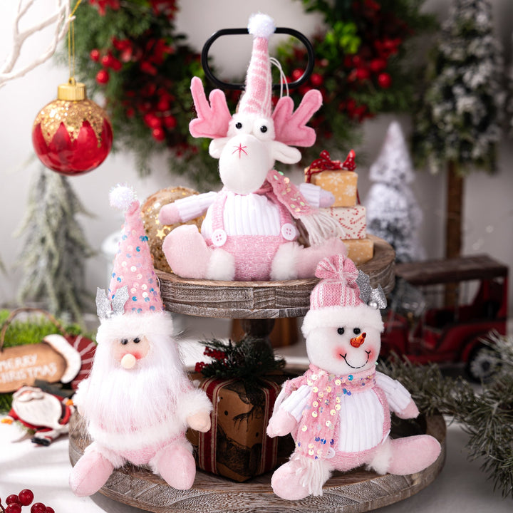 Pink Plush Christmas Ornaments Set of 3, Glitter Decor