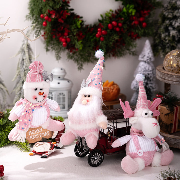Pink Plush Christmas Ornaments Set of 3, Glitter Decor