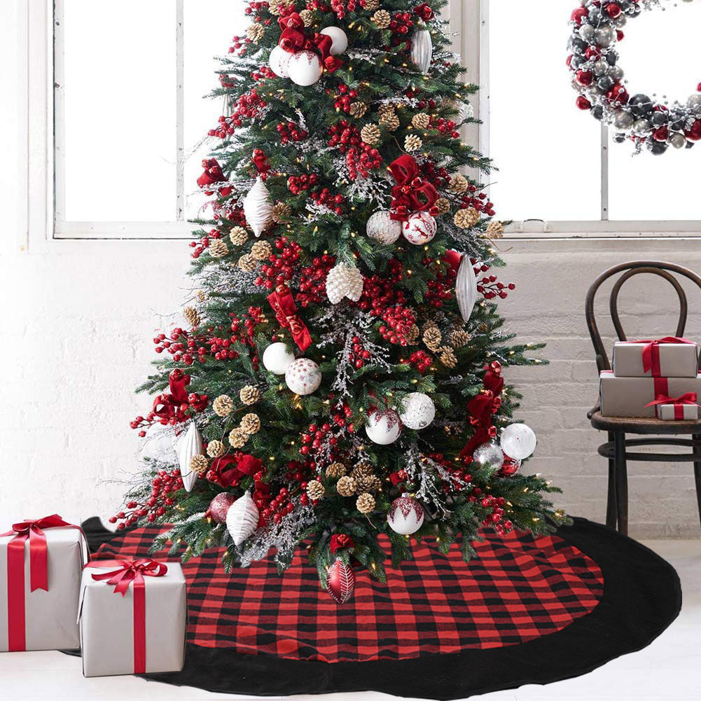 Christmas Tree Skirt 120cm Red Black Plaid Velvet Decor