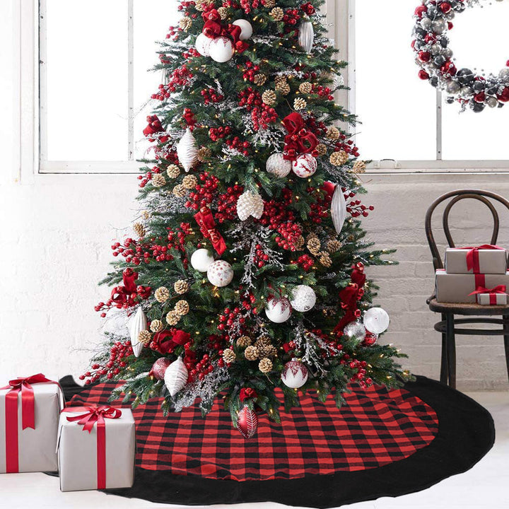 Christmas Tree Skirt 120cm Red Black Plaid Velvet Decor