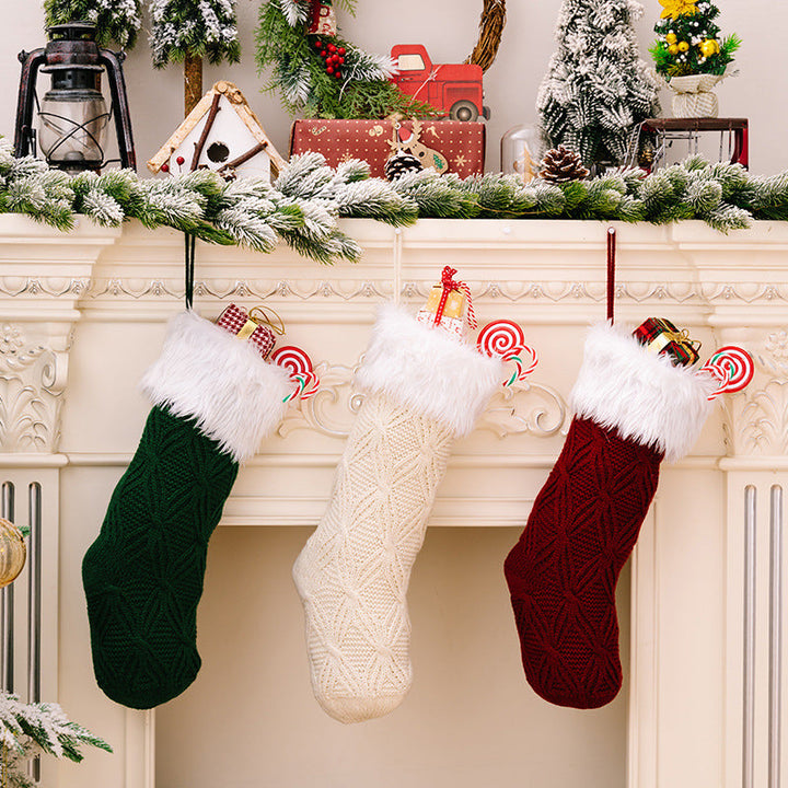 Knitted Christmas Stockings With Plush Cuffs, Set of 3