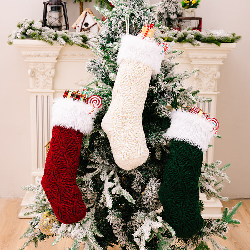Knitted Christmas Stockings With Plush Cuffs, Set of 3
