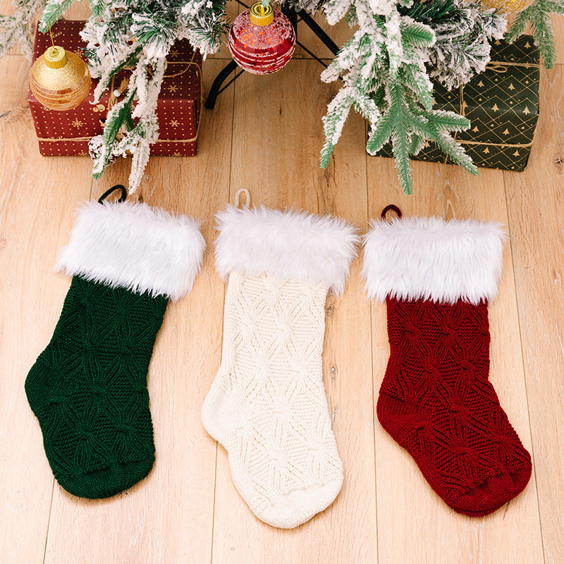 Knitted Christmas Stockings With Plush Cuffs, Set of 3