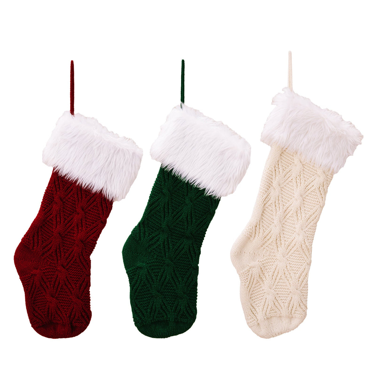 Knitted Christmas Stockings With Plush Cuffs, Set of 3