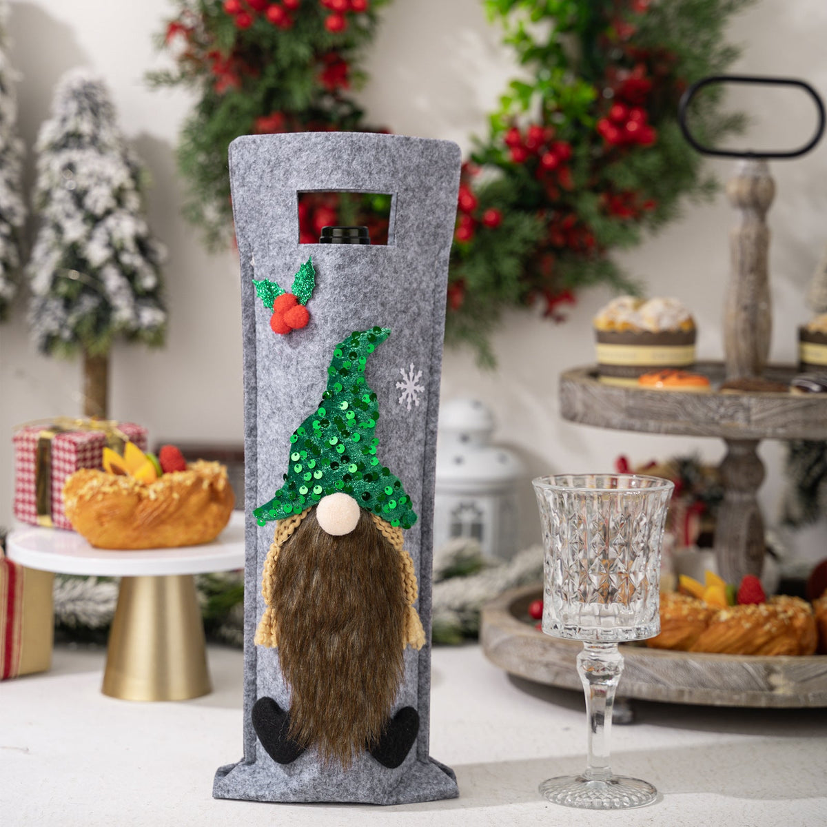 Christmas Wine Bottle Cover | Festive Gnome Display