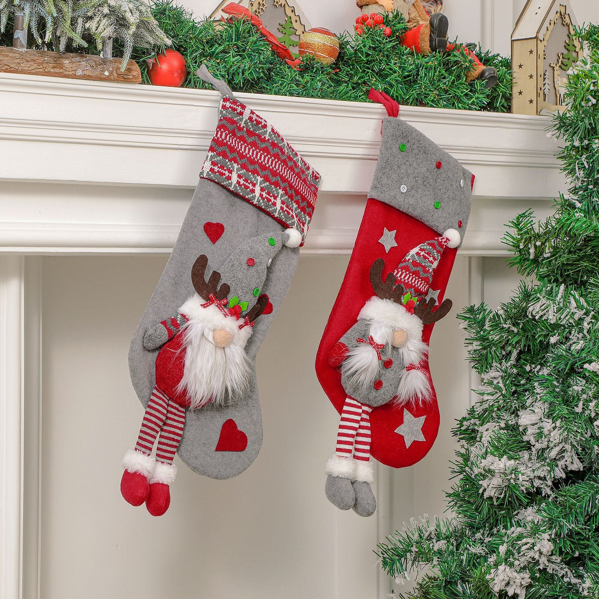 3D Gnome Christmas Stockings for Festive Mantel Decor