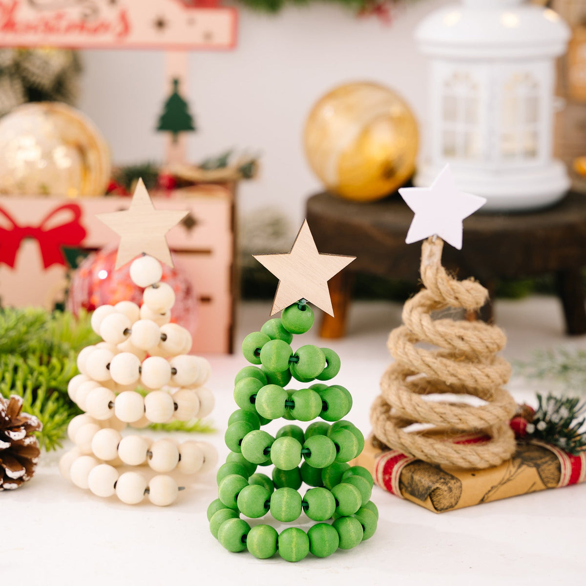 Wooden Bead Christmas Trees for Nordic Tabletop Decor