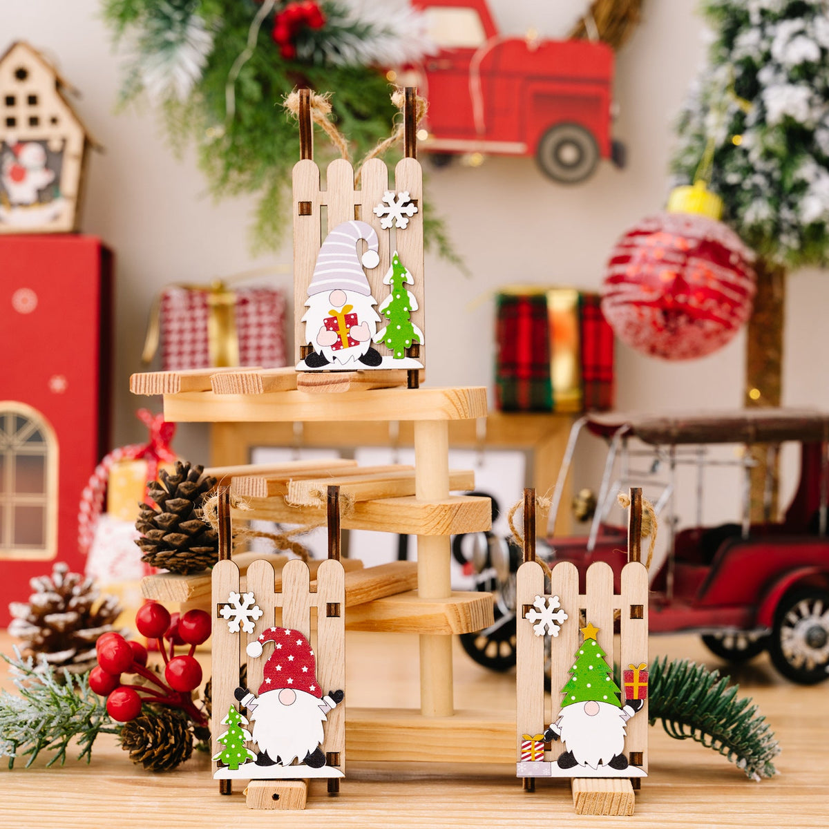 Wooden Christmas Sleigh Ornaments for Rustic Holiday Cheer
