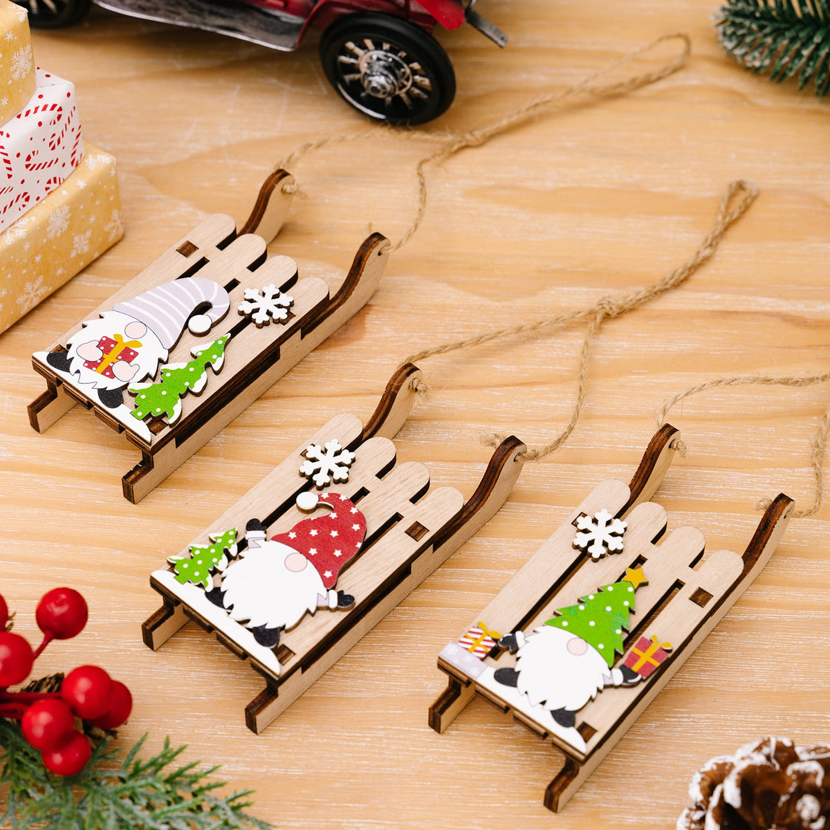 Wooden Christmas Sleigh Ornaments for Rustic Holiday Cheer