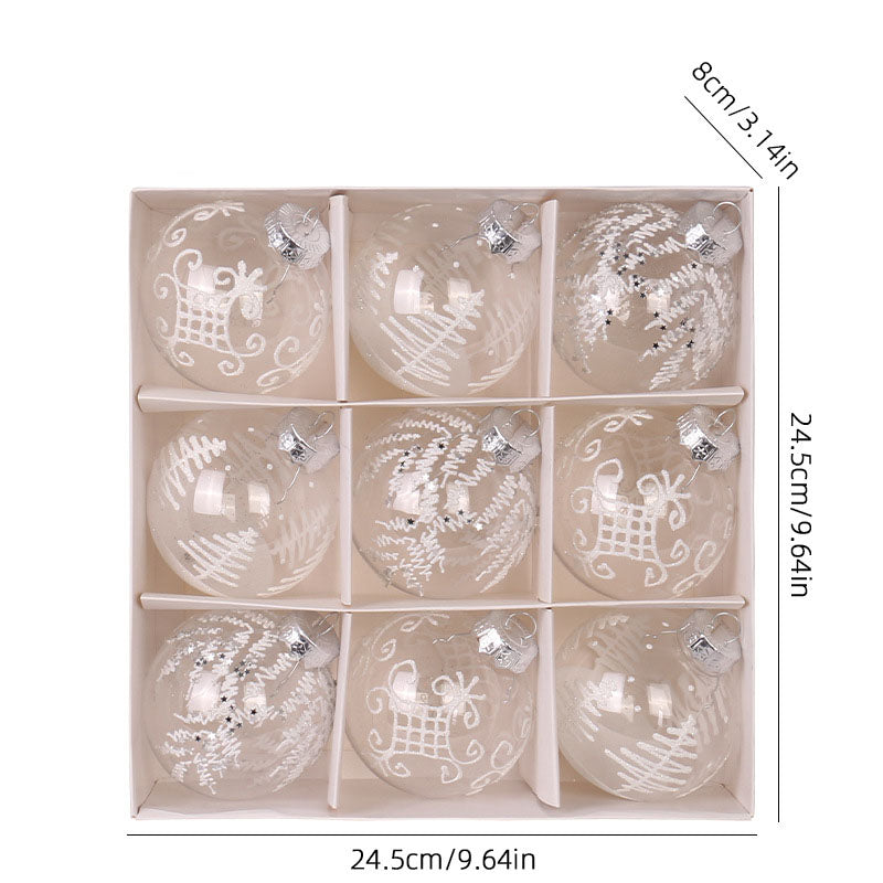 8cm Christmas Tree Ornaments, 9-Piece White & Gold
