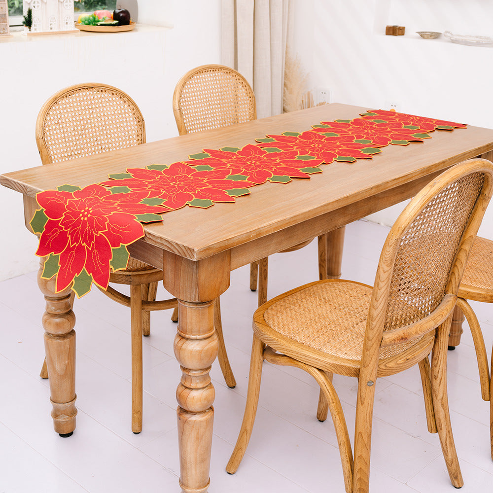 Christmas Table Runner with Red Poinsettia Flowers