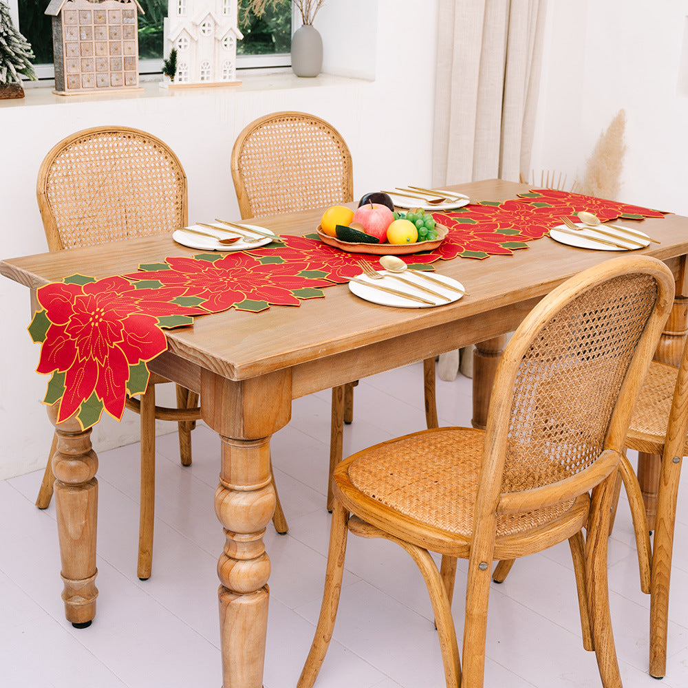 Christmas Table Runner with Red Poinsettia Flowers