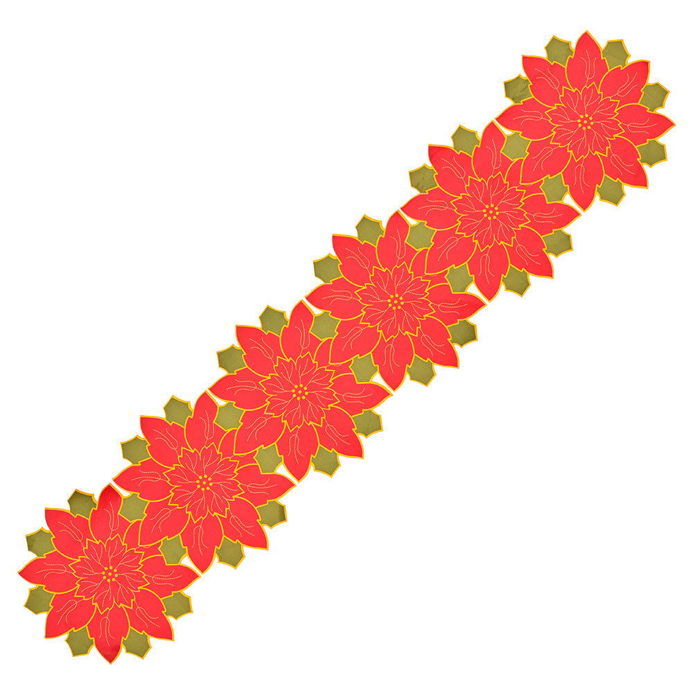 Christmas Table Runner with Red Poinsettia Flowers