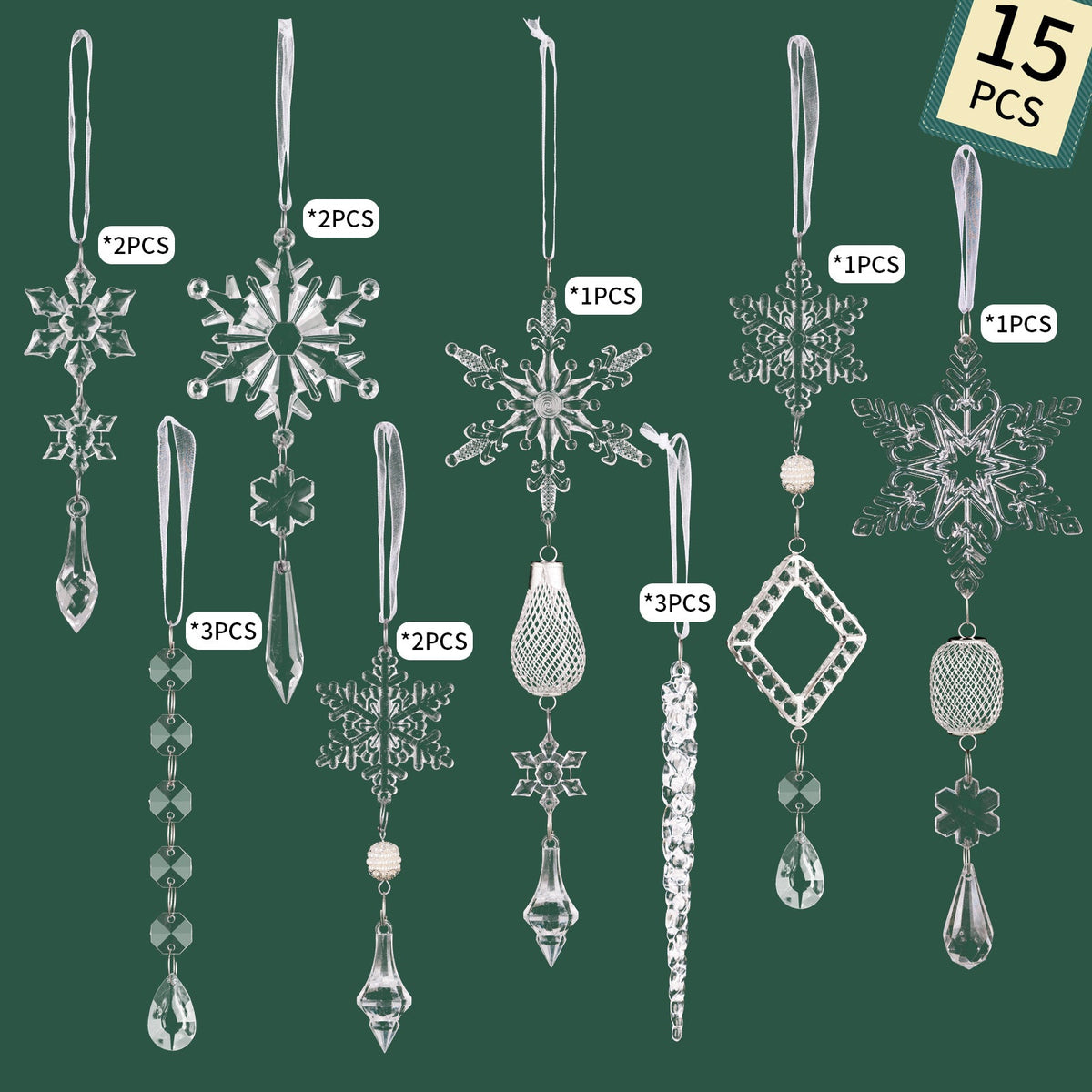 Christmas Tree Ornaments: 15-Piece Icy Sparkle Set