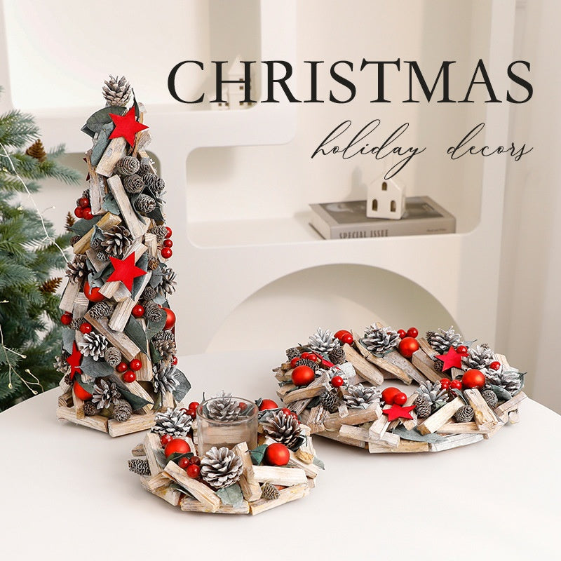 Rustic Christmas Wreath & Tabletop Tree Decor Set