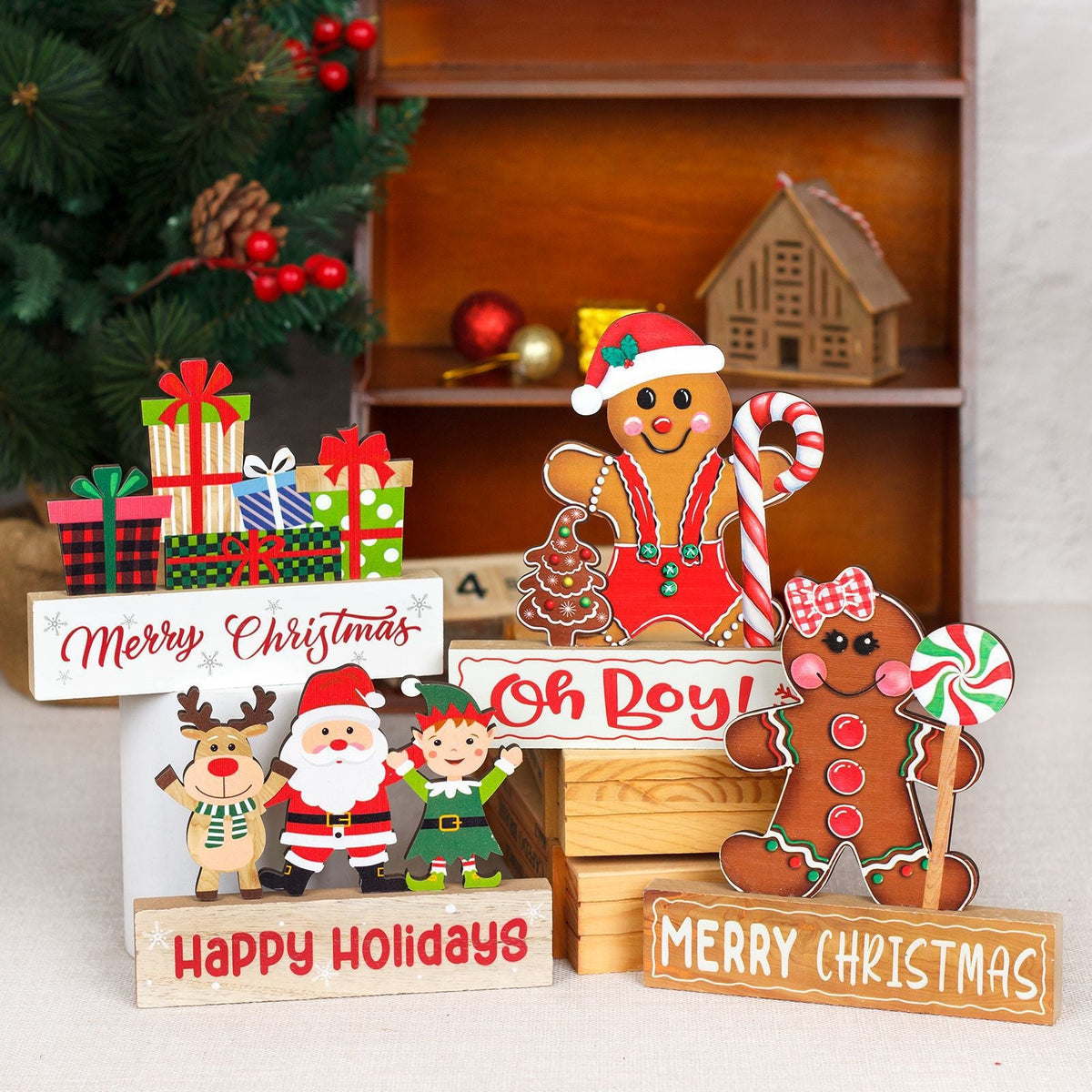 Christmas Wooden Tabletop Decorations, 9-Piece Set