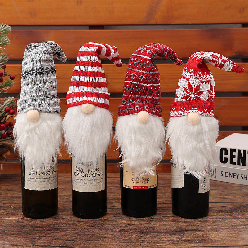 Knitted Gnome Wine Bottle Cover for Christmas Decor