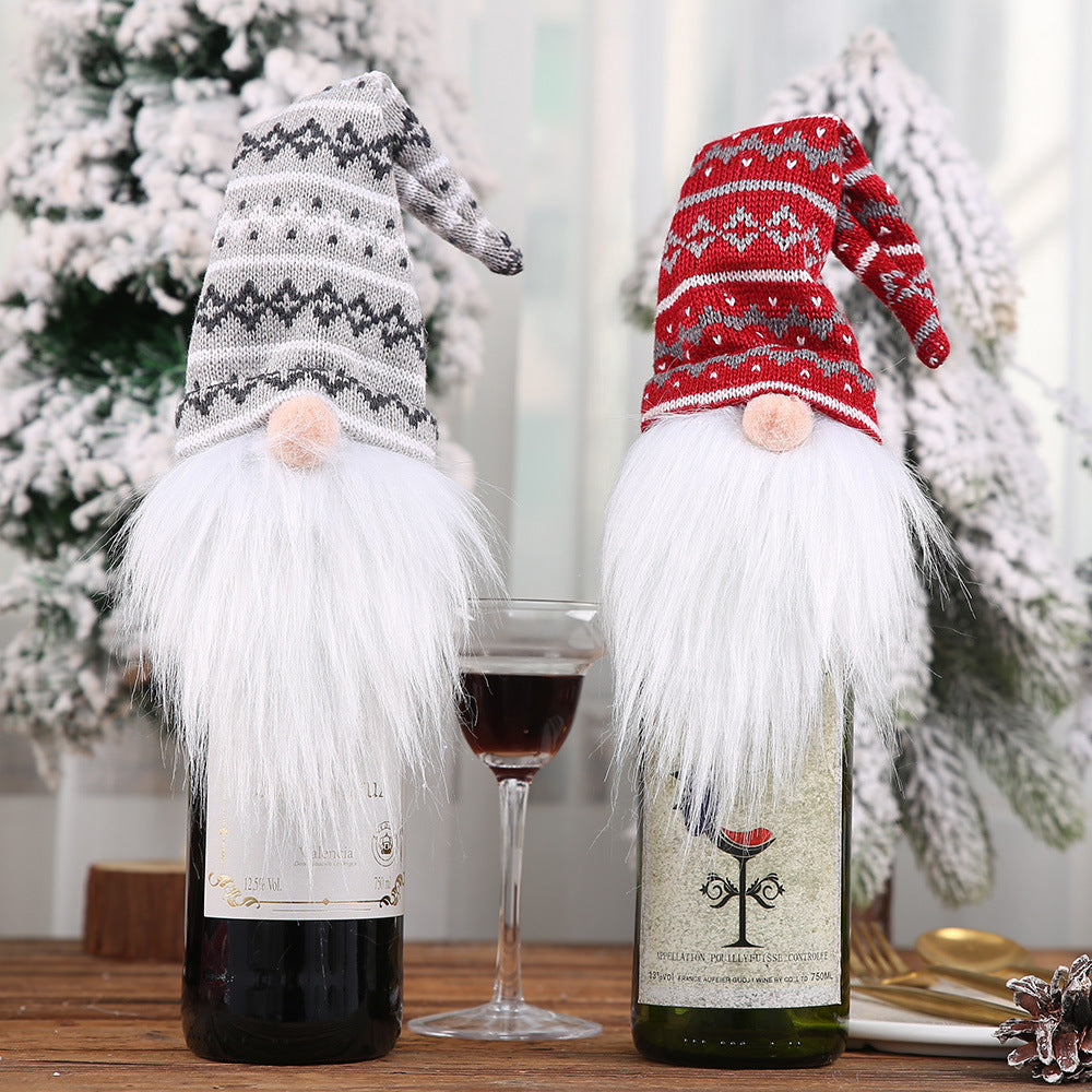 Knitted Gnome Wine Bottle Cover for Christmas Decor