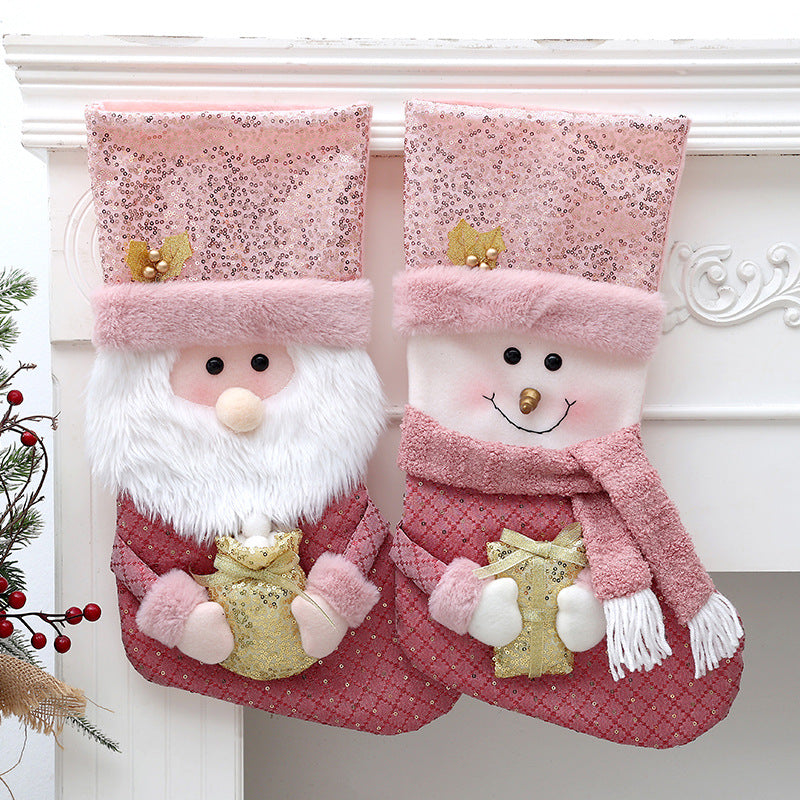 Pink Plush Christmas Stockings Candy Bag Gift Set
