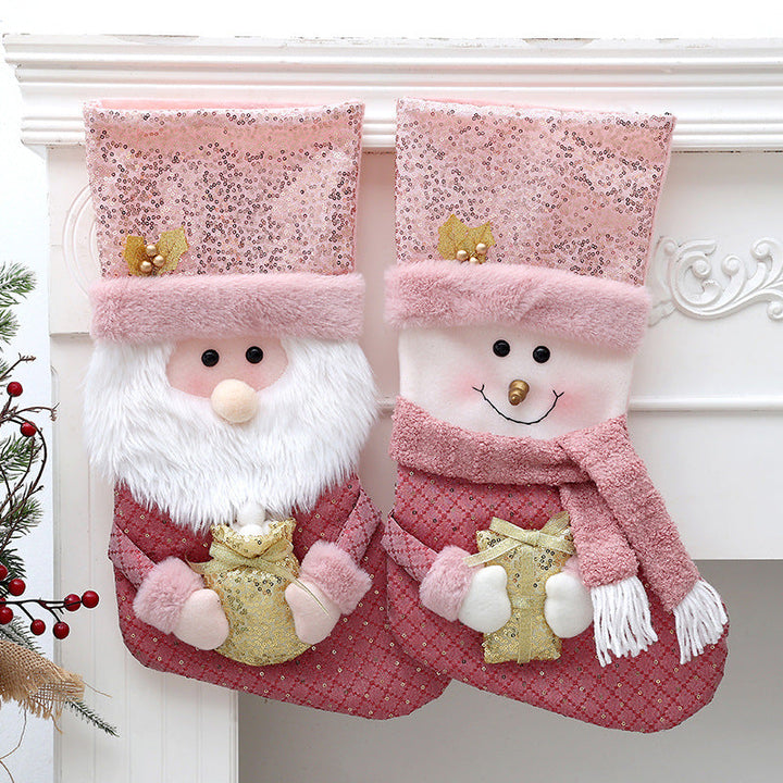 Pink Plush Christmas Stockings Candy Bag Gift Set