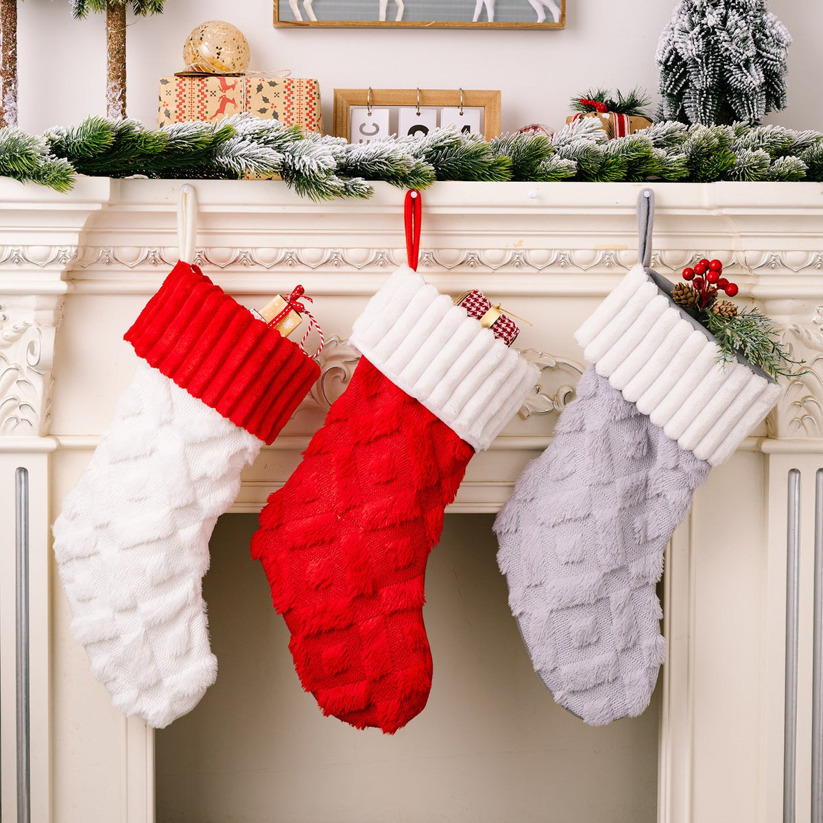 Plush Christmas Stockings Set of 3 for Cozy Mantels