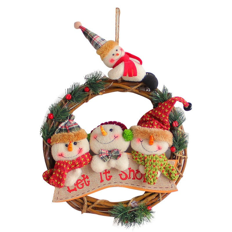 Christmas Rattan Wreath With Plush Snowmen Decoration