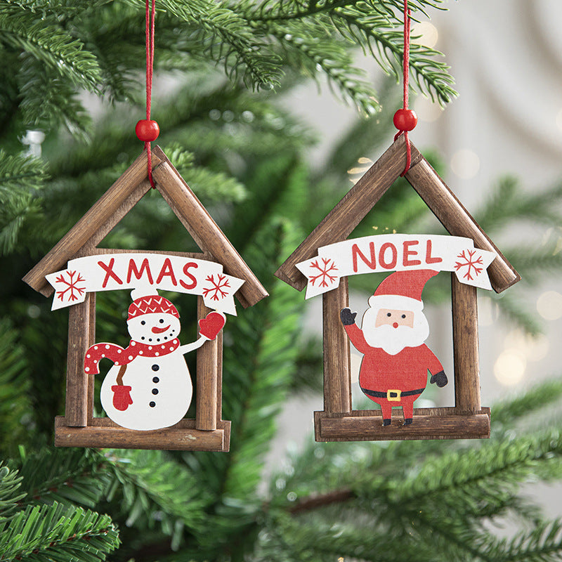 Wooden House Christmas Ornaments - Santa & Snowman Set