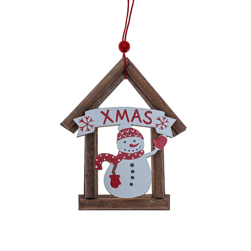 Wooden House Christmas Ornaments - Santa & Snowman Set