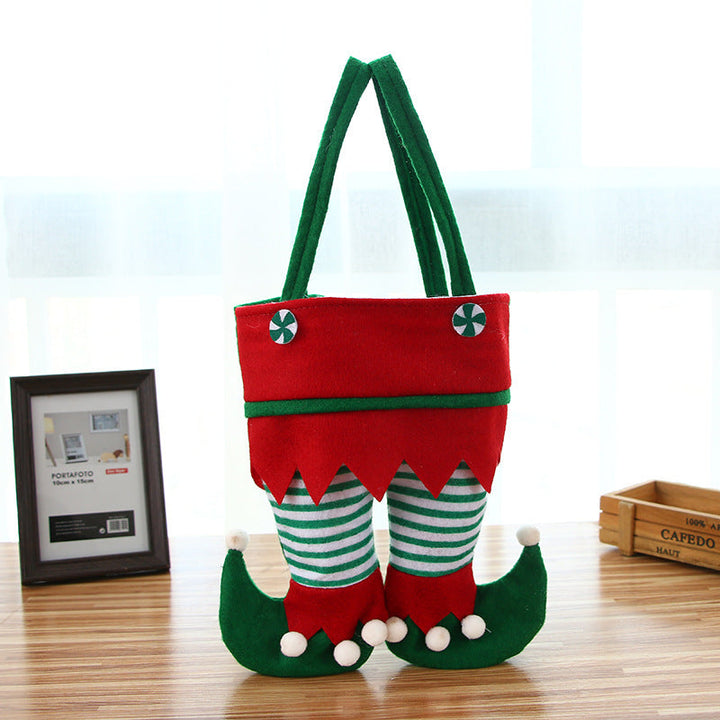 Elf Christmas Gift Bag with Pom-Pom Candy Cane Trim