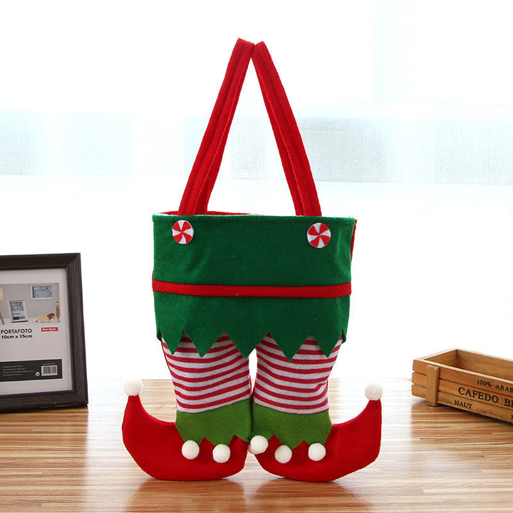 Elf Christmas Gift Bag with Pom-Pom Candy Cane Trim