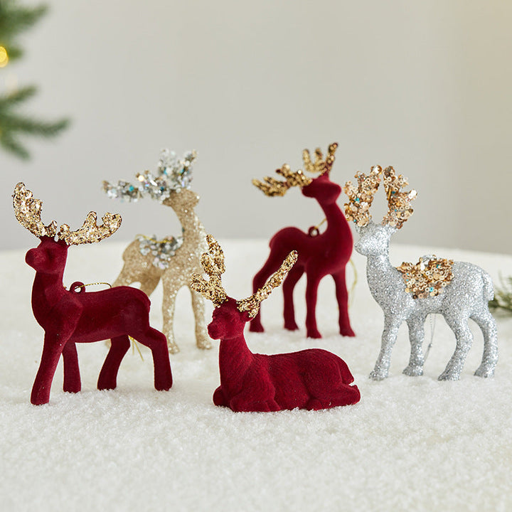 Glitter Flocked Reindeer Christmas Display Decor Set