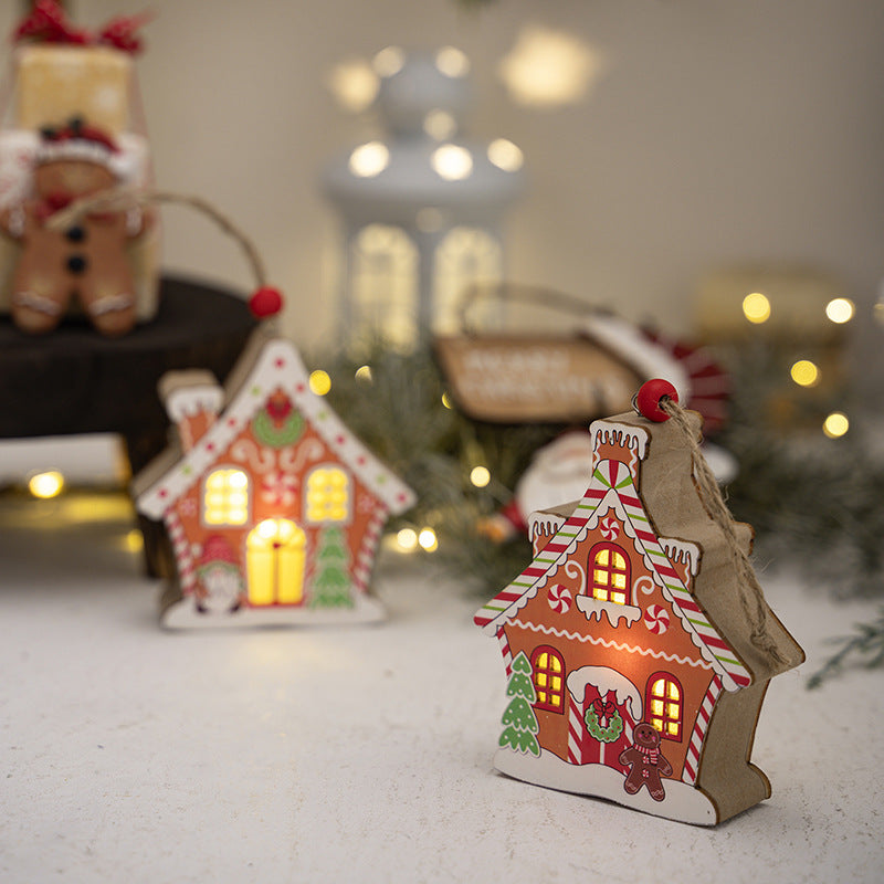 Gingerbread Hut Wooden Pendant with Glowing Window Light