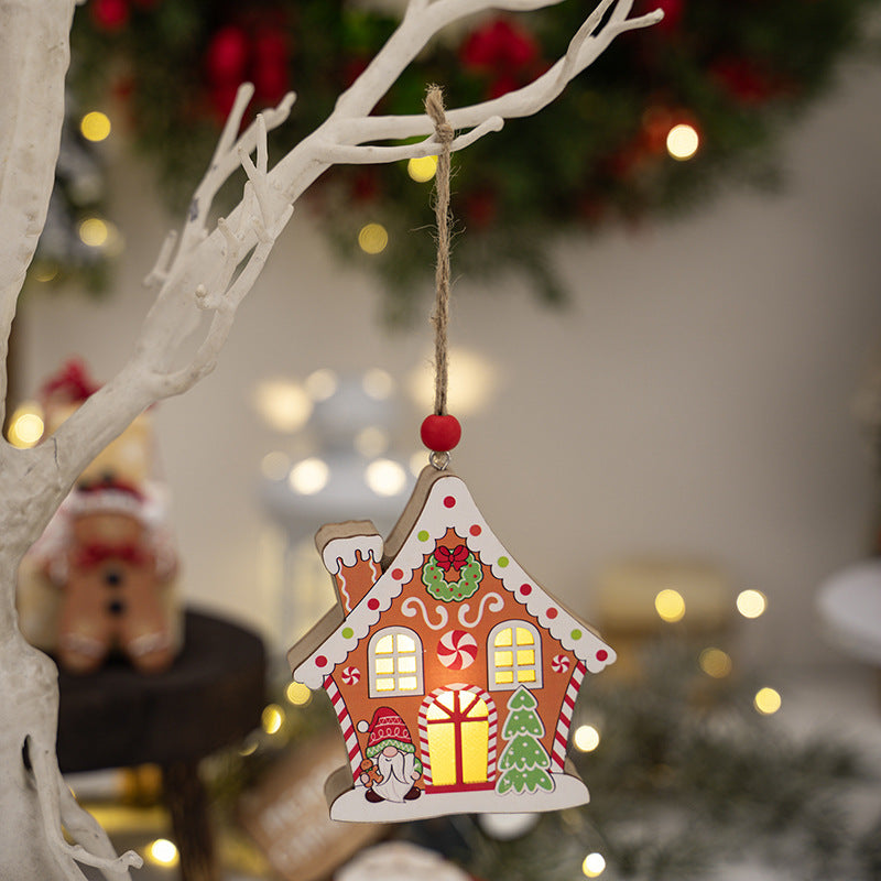 Gingerbread Hut Wooden Pendant with Glowing Window Light