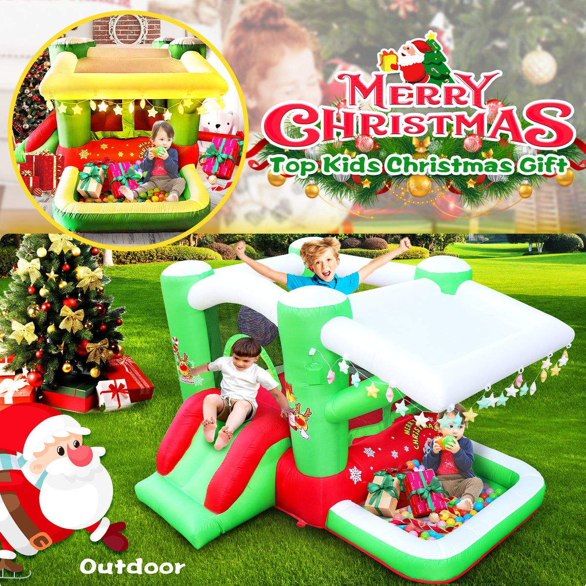 Christmas Inflatable Bouncer with Slide and Ball Pit