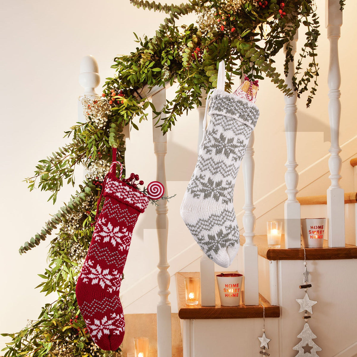 Knitted Christmas Stockings With Snowflake Design Set