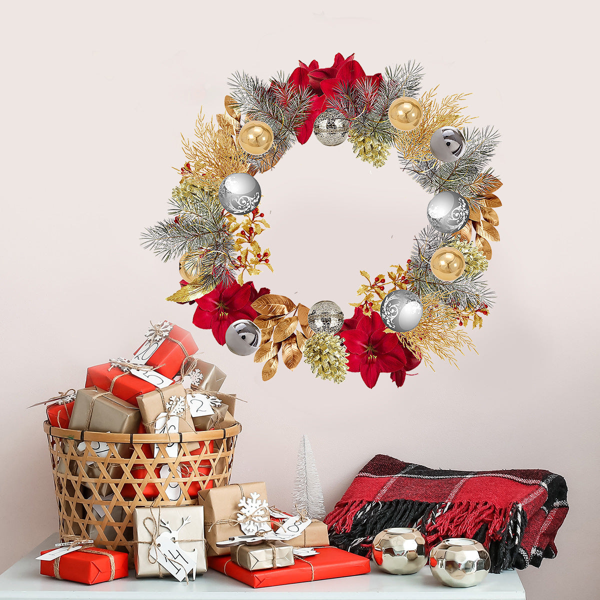 Christmas Wreath Set with Poinsettia and Gold Baubles