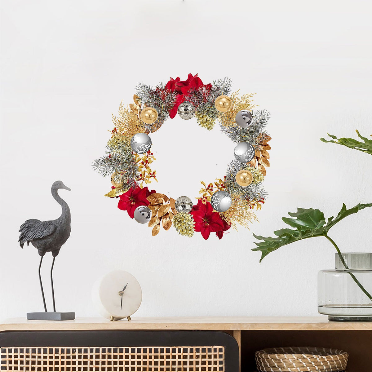Christmas Wreath Set with Poinsettia and Gold Baubles