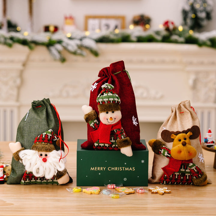 Christmas Gift Bags with Plush Santa, Snowman & Reindeer